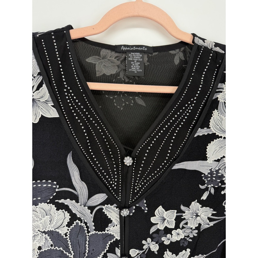 VTG Appointments Floral Mesh Blouse Women 3X Black Rhinstone V-Neck Top Y2K - Picture 2 of 6